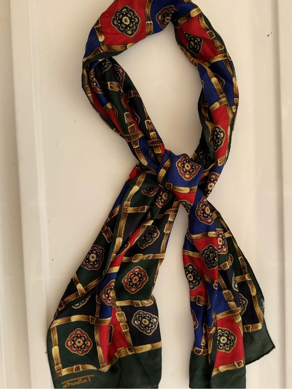 Talbots Green Medallion Print Silk Scarf with Gold Accents